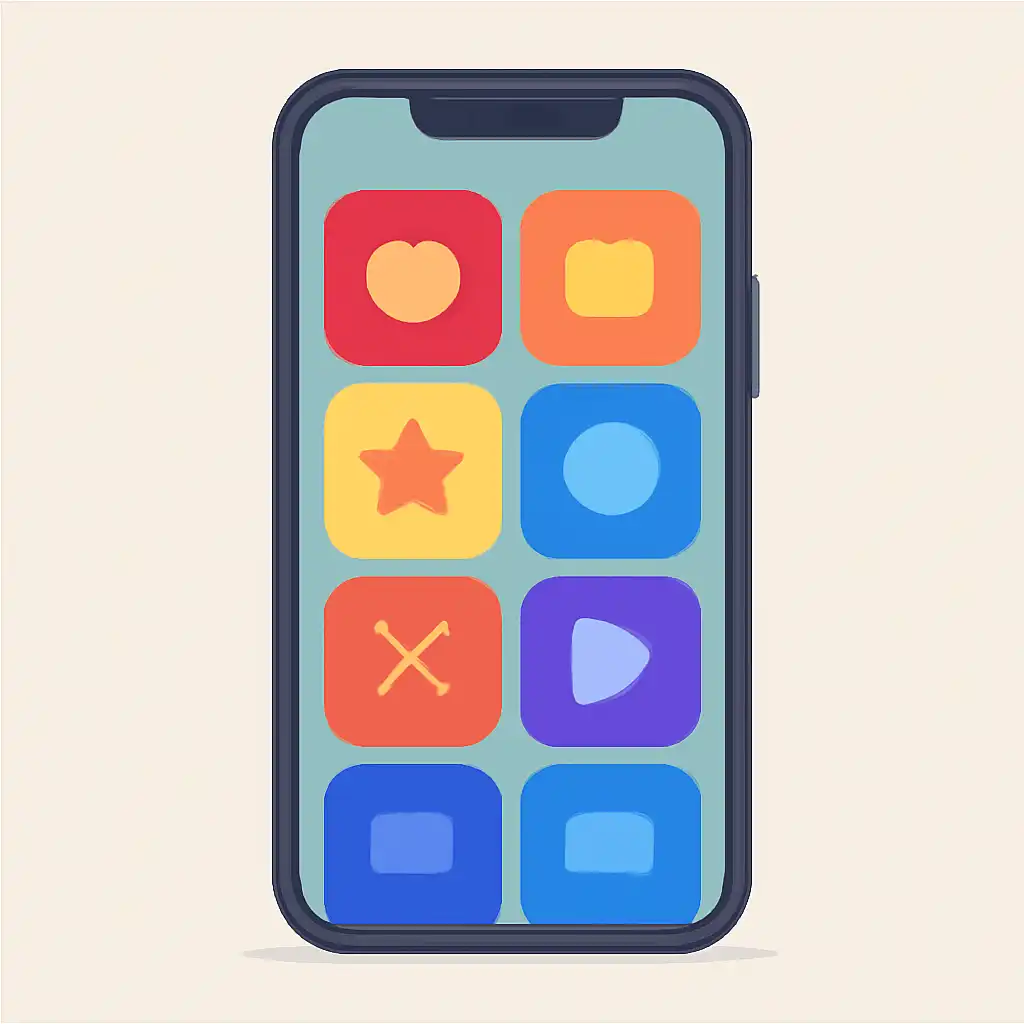 Smartphone shown from the front displaying a colourful flat layout of abstract game icons and rounded tiles (no text, no letters, no labels), 91 Game