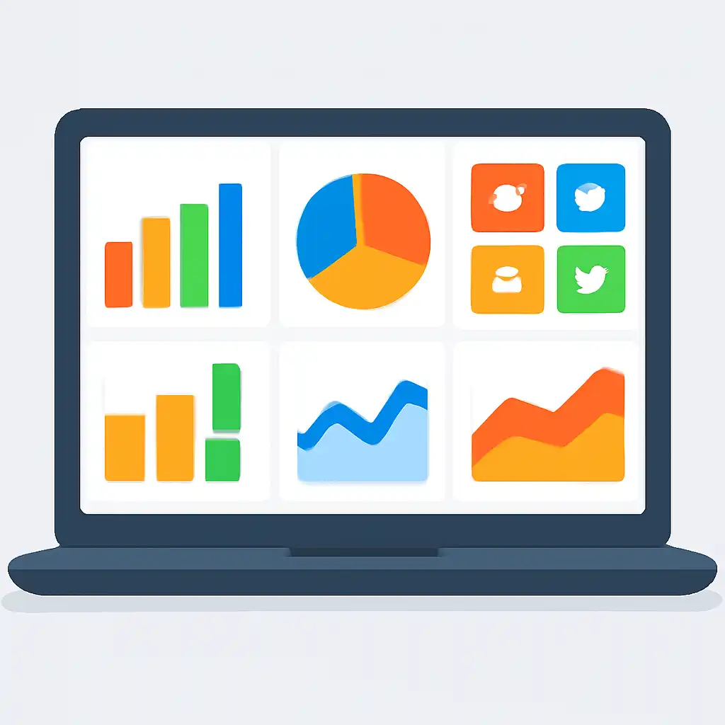 Laptop shown from the front displaying a colourful flat dashboard of abstract charts, bars and icon tiles (no text, no letters, no labels), 91 Game